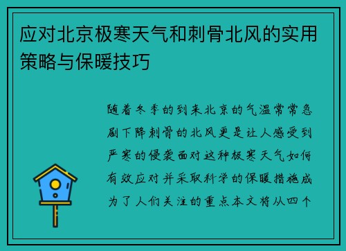 应对北京极寒天气和刺骨北风的实用策略与保暖技巧