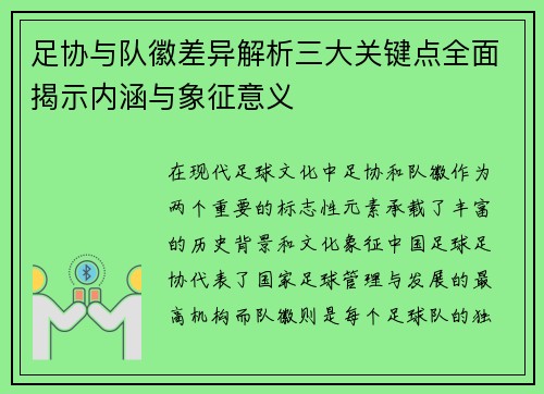 足协与队徽差异解析三大关键点全面揭示内涵与象征意义