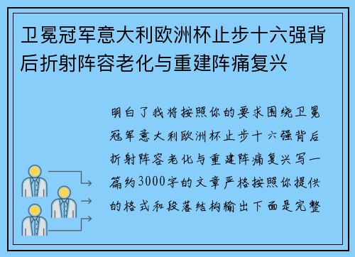 卫冕冠军意大利欧洲杯止步十六强背后折射阵容老化与重建阵痛复兴